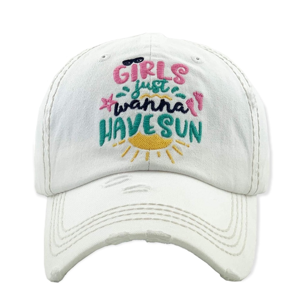 White “Girls Just Wanna Have Sun” distressed cap